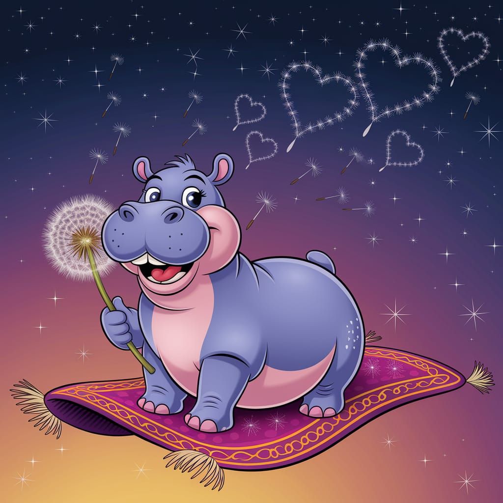 Joyful Hippo's Magic Carpet Ride Under Starry Skies