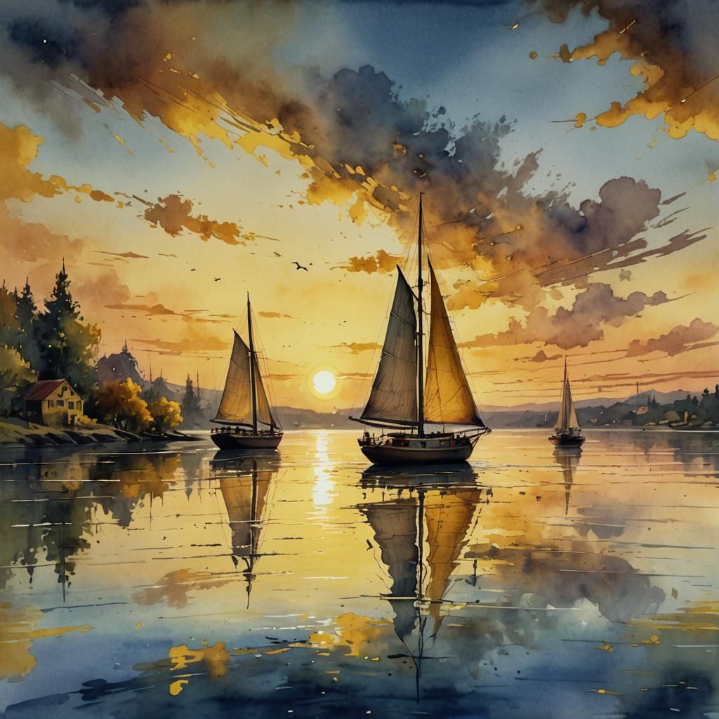 Sailboat at Sunset: A Vintage Watercolor Painting
