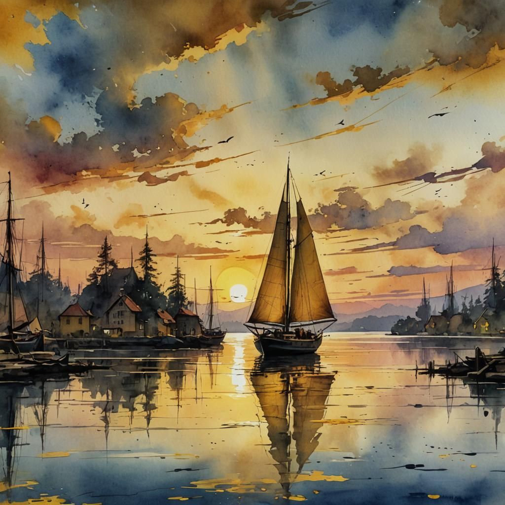 Sailboat at Sunset: Modern European Watercolor Painting
