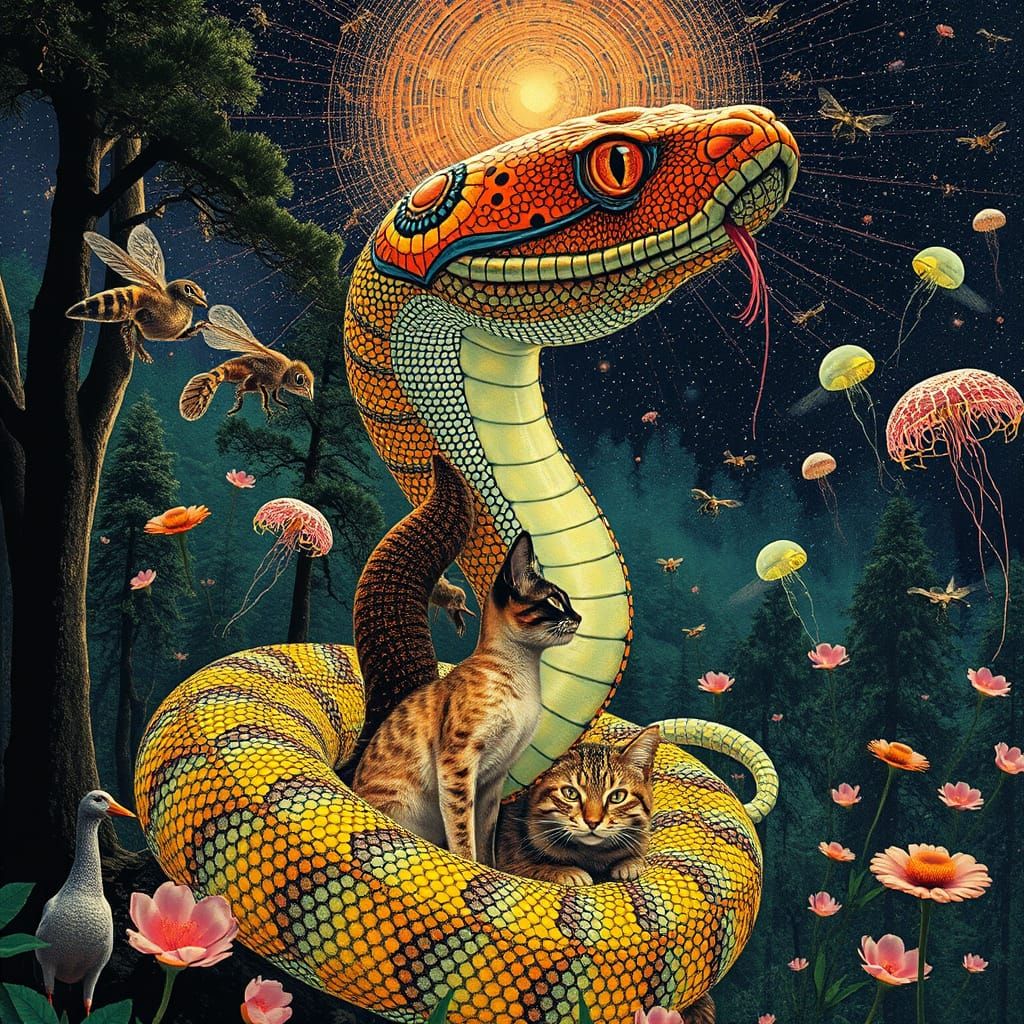 Surreal Snake's Cosmic Transformation in Dreamlike Forest