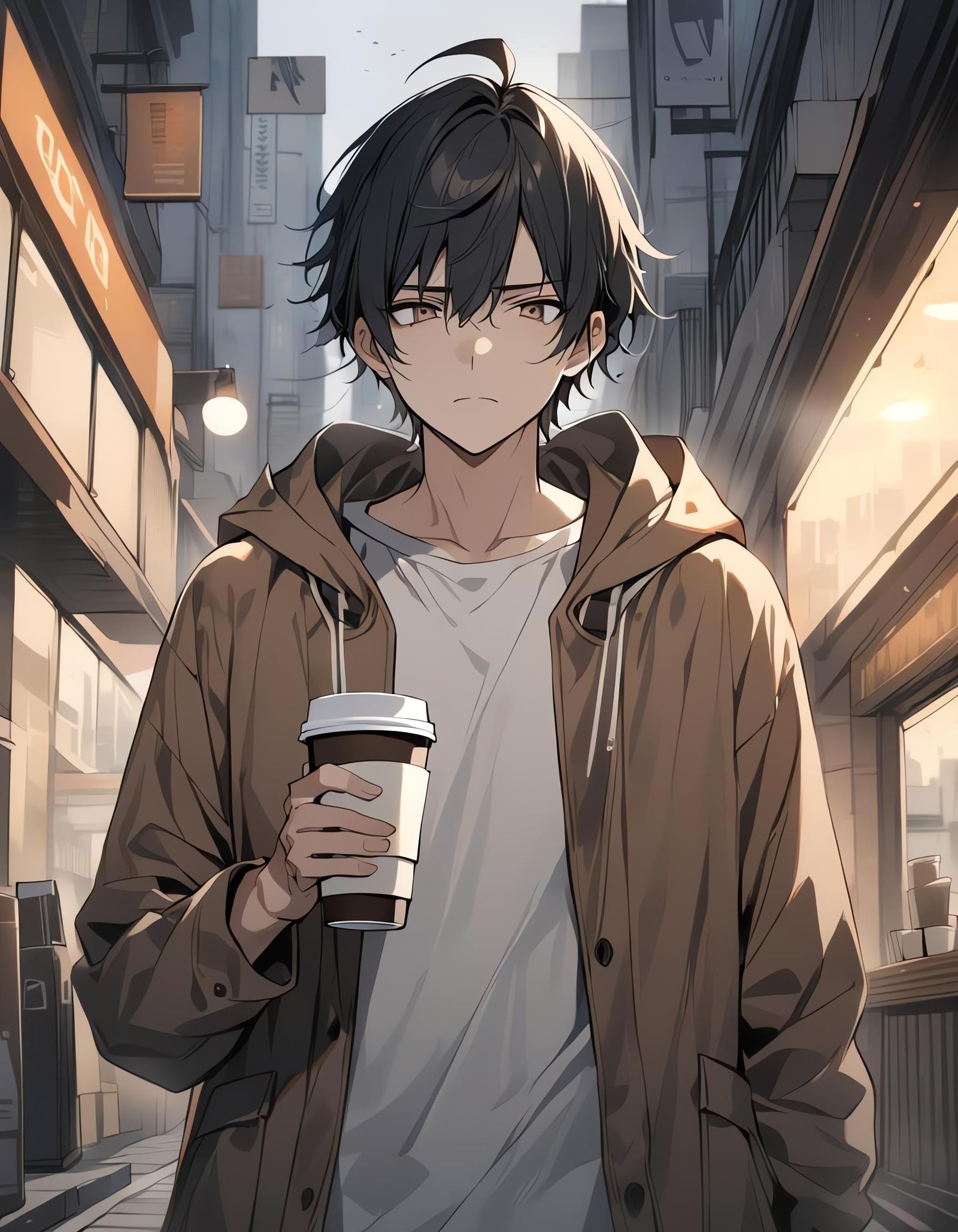 Disappointed Young Man with Coffee on Overcast Day