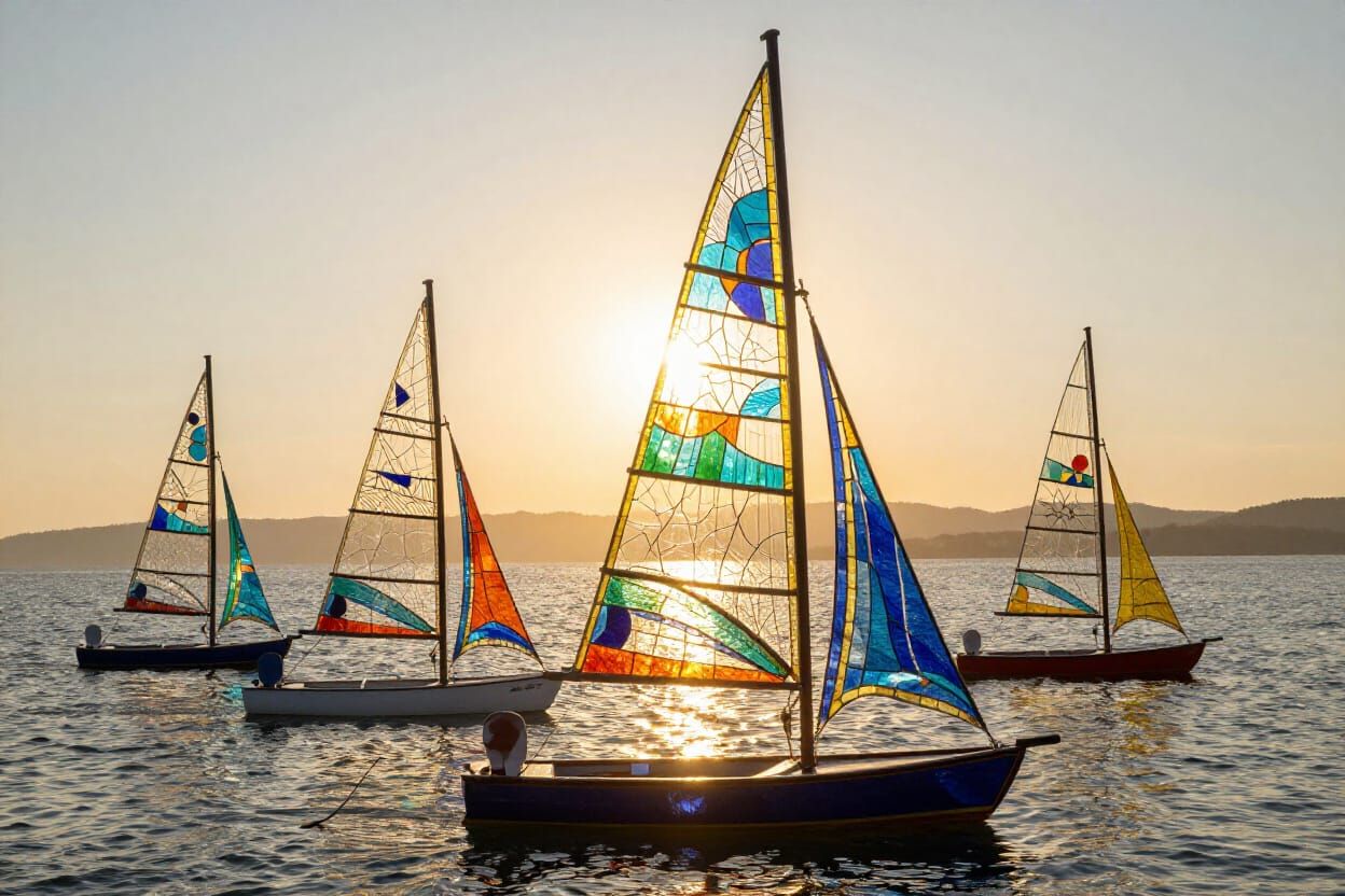 Vibrant Stained Glass Sailboats at Sunset