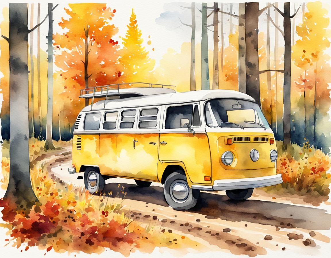 Vintage Camper Van in Autumn Forest: Watercolor Illustration
