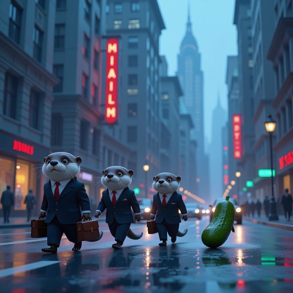 Otters in Suits Navigate Chaotic Cityscape with Sentient Pic...