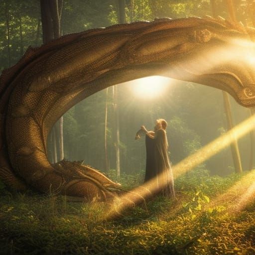 Mystical Forest Sunrise with Dragons and Giants