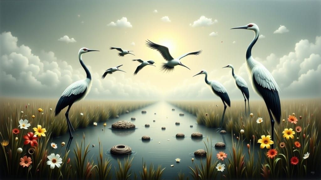 Flock of Cranes and Storks in a Marsh