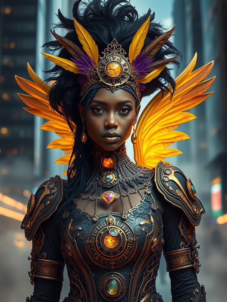 Steampunk Woman with Angelic Wings in Cityscape