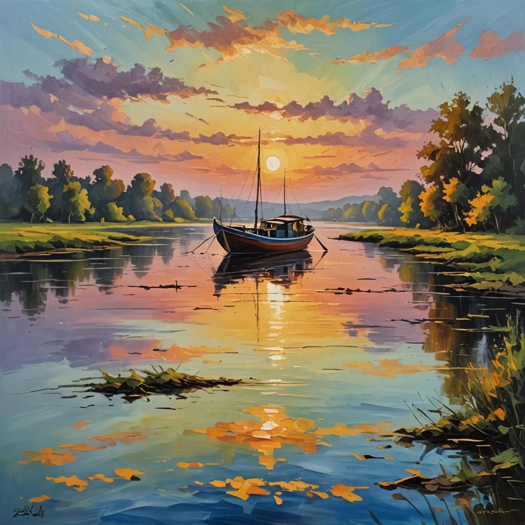 River Boat Sunset: Bright Oil Painting