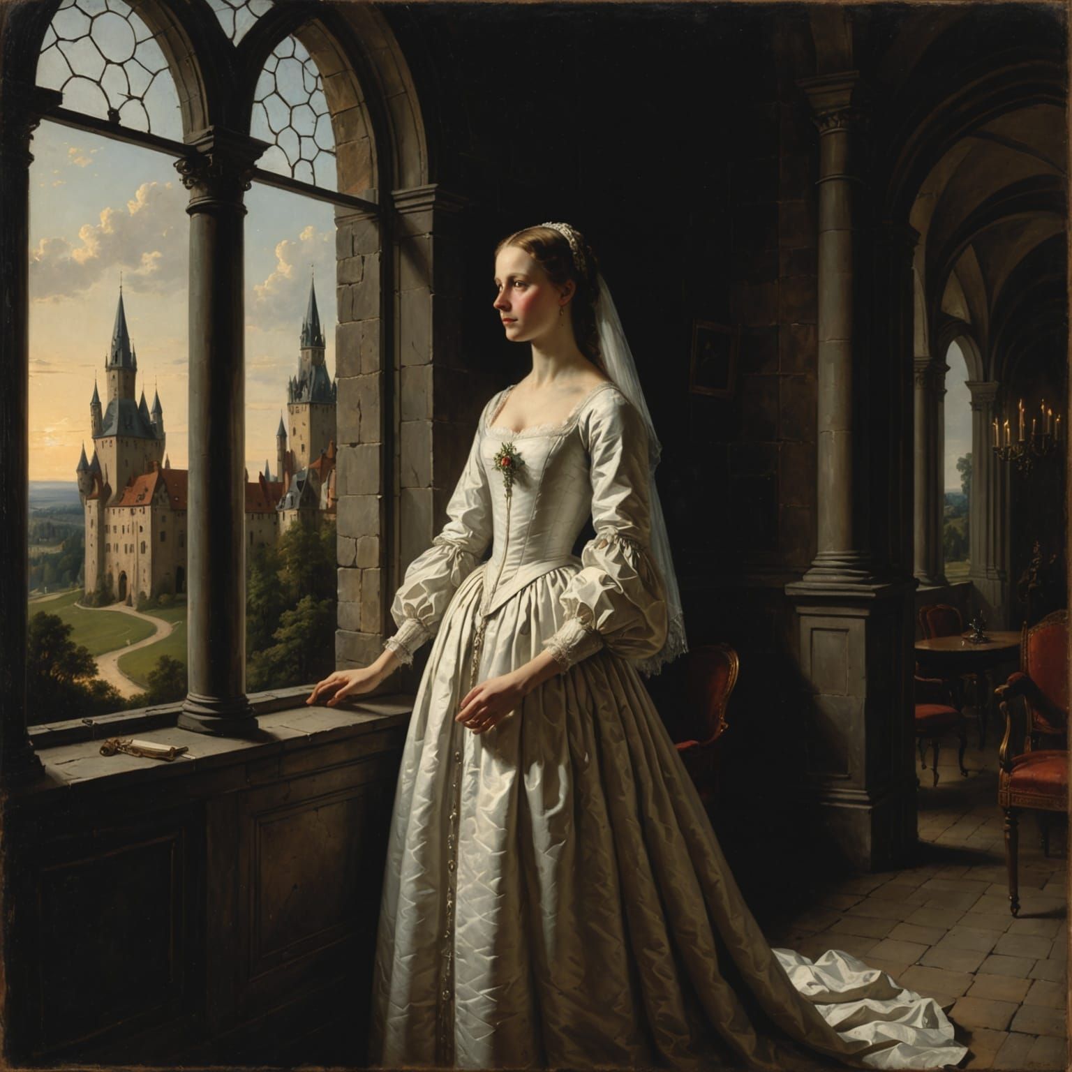 Bride Before Gloomy Castle in Chiaroscuro Style