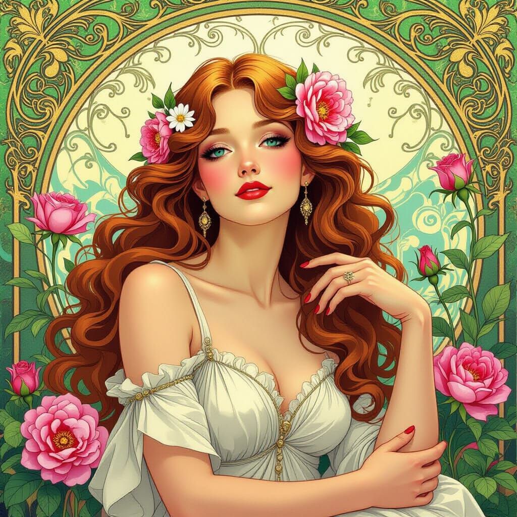 Ethereal Woman Surrounded by Flowers in Art Nouveau Style