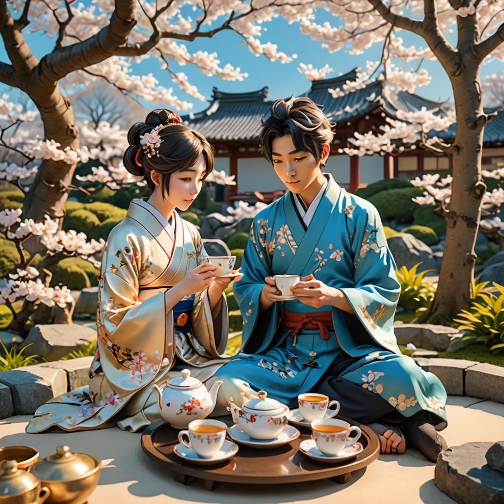 Serene Anime Couple Drinking Tea in Japanese Garden