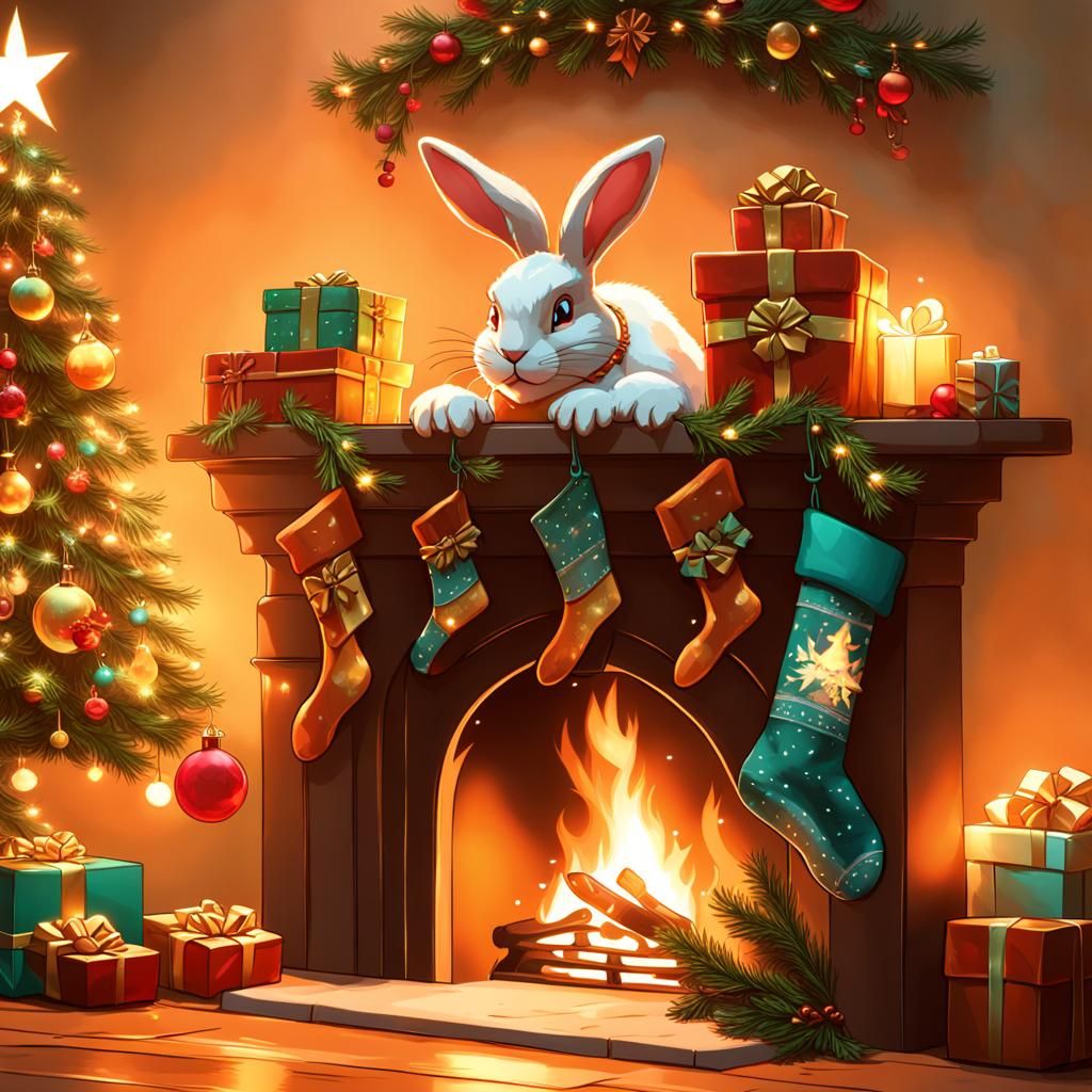 Festive Bunny Delivers Christmas Gift, Artstation Style