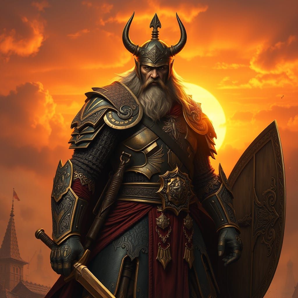 Heroic Russian Bogatyr Radiates Strength in Golden Sunset