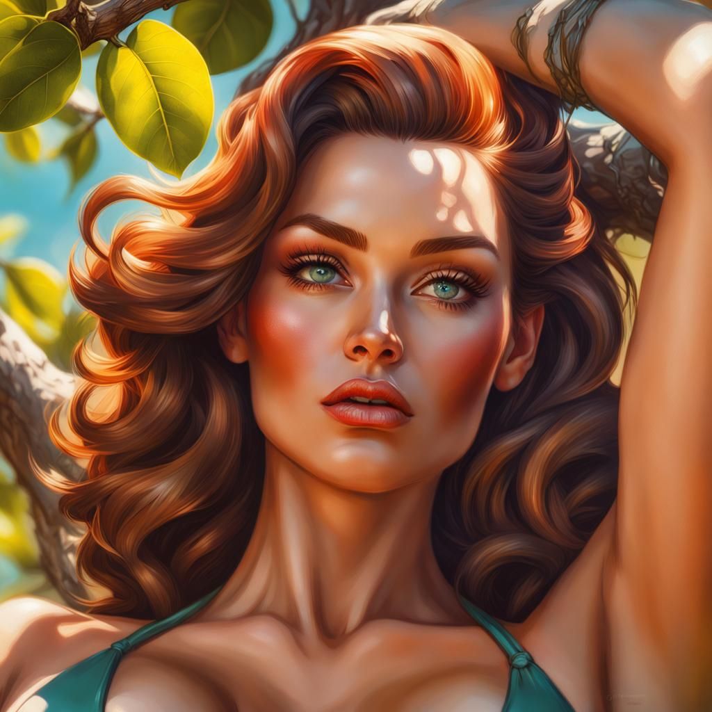 Glamorous Woman in Tree, Pin-Up Art Style