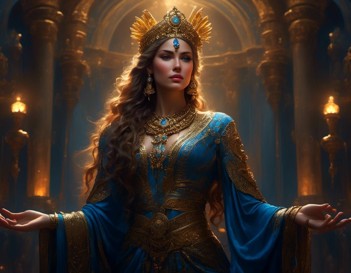 Priestess Fighting in Dark Temple, Acrylic Painting