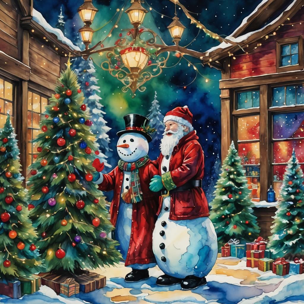 Snowman and Santa Chat in Alcohol Ink Style