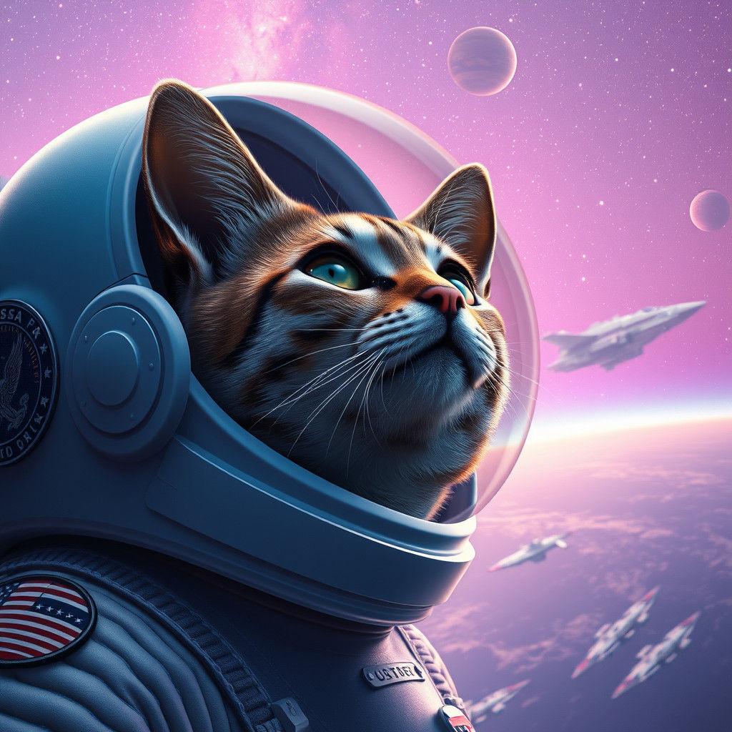 Cat Astronaut Head in Cosmic Scene, Digital Art