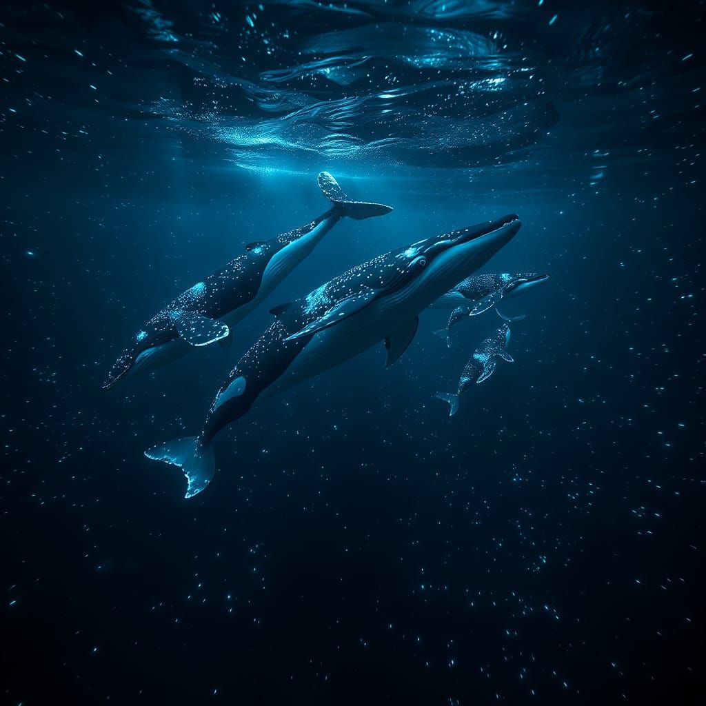 Whales Play in Bioluminescent Ocean at Night