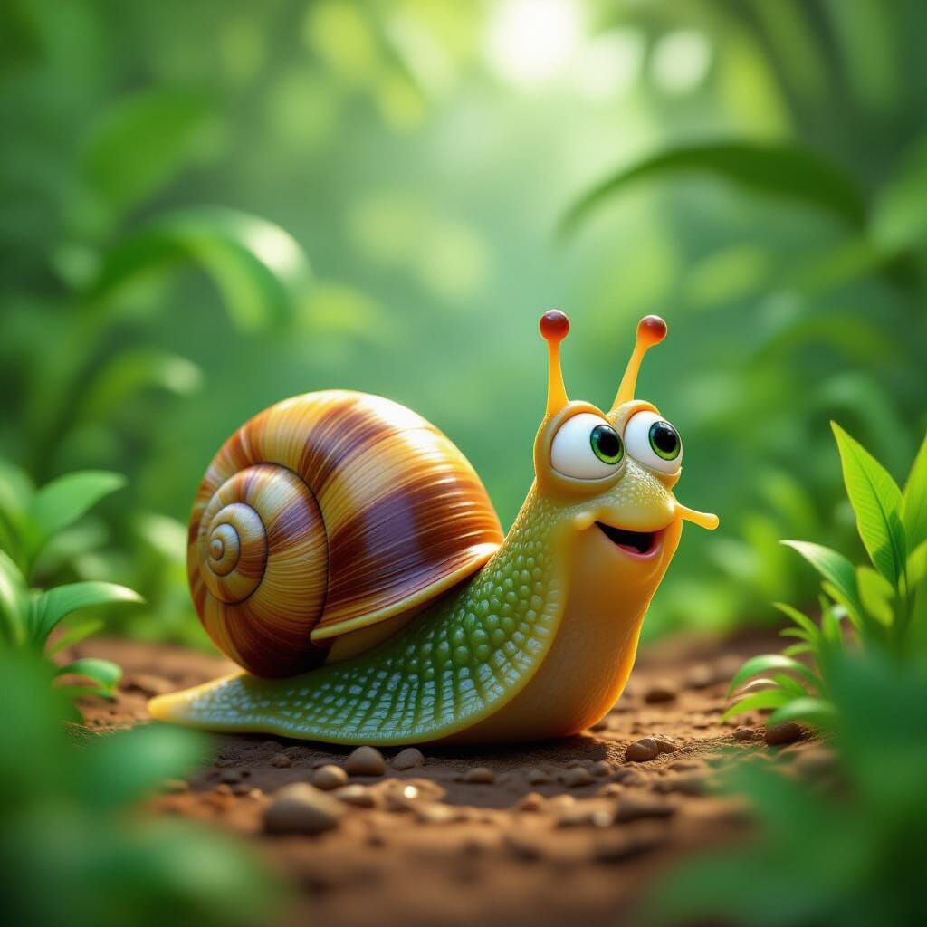 Snail Explorer in Lush Jungle, 3D Pixar Style