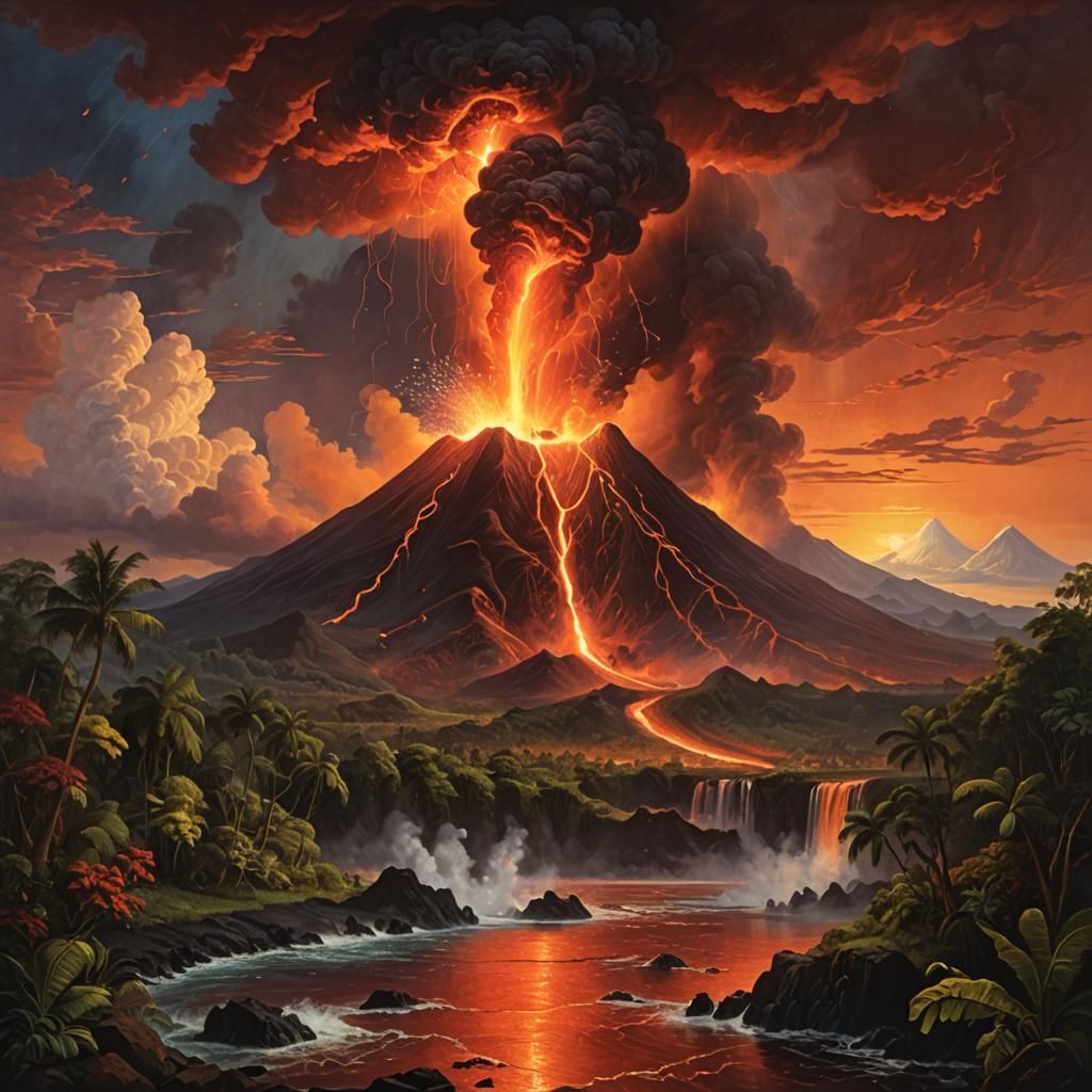 Erupting Volcano in Hawaii: Dramatic Hudson River School Art