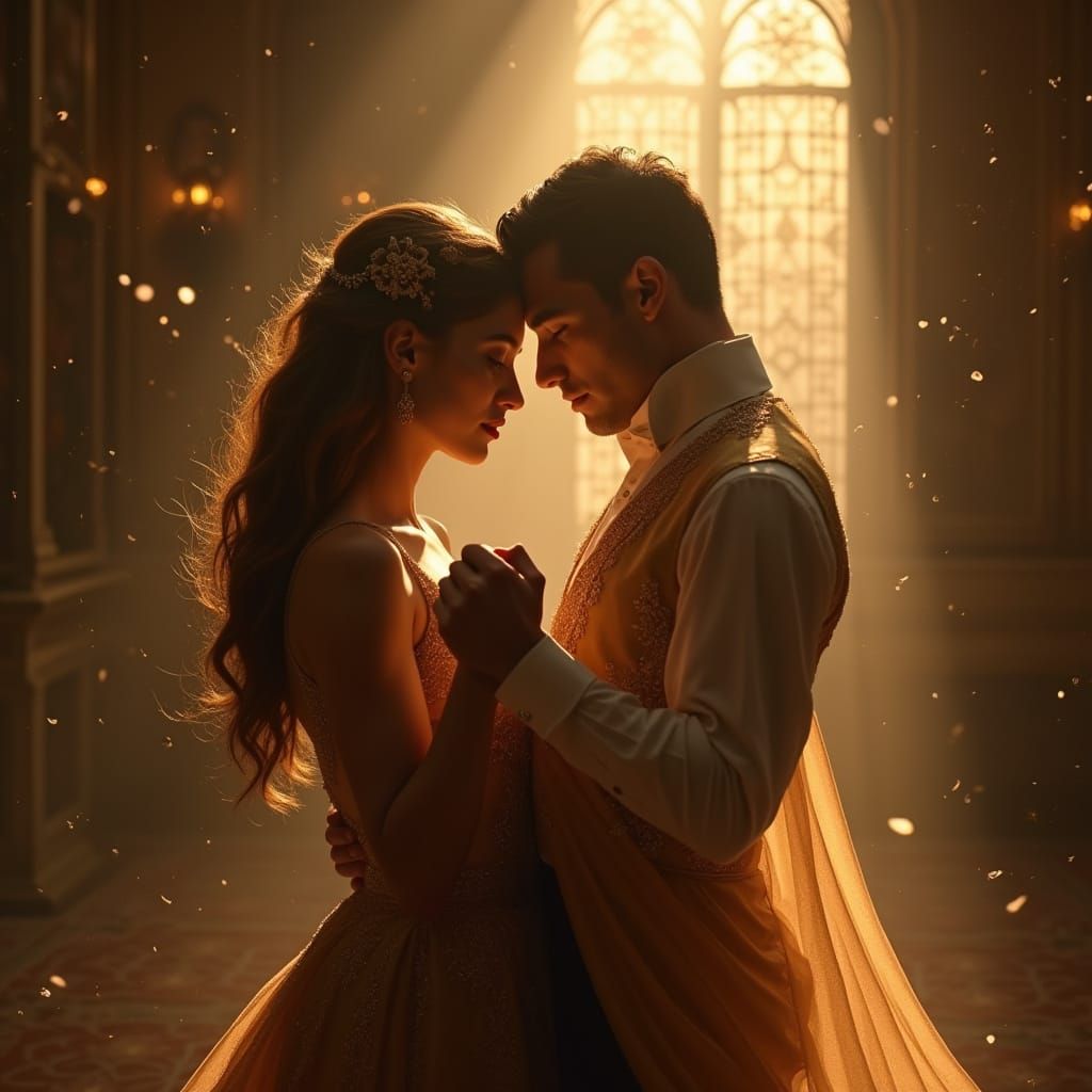Elegant Couple Dancing in Divine Light, Art Nouveau Style