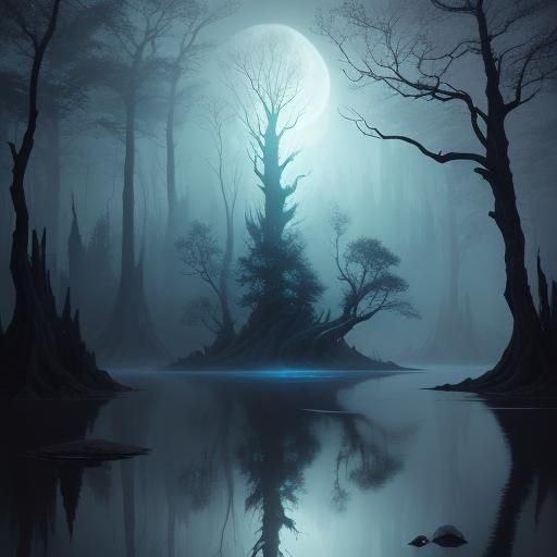 Eerie Moonlit Lake: Dreamscape Fine Art Oil Painting