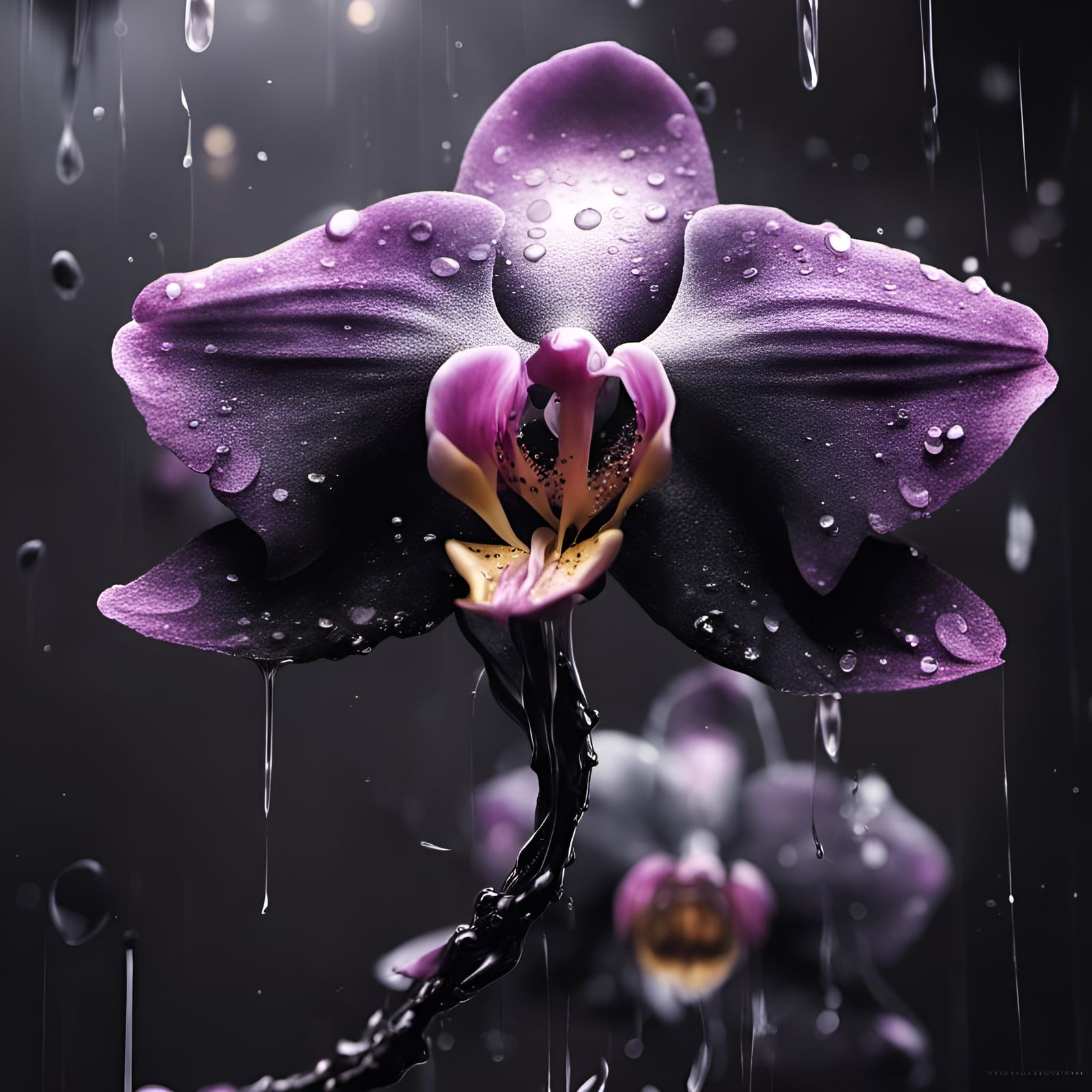 Hyperdetailed Black Orchid in Rain, Sci-Fi Digital Art