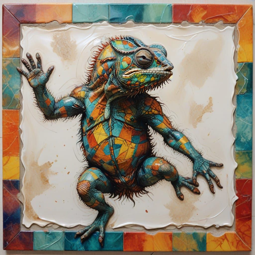 Detailed Calico Chameleon in Mixed Media Collage