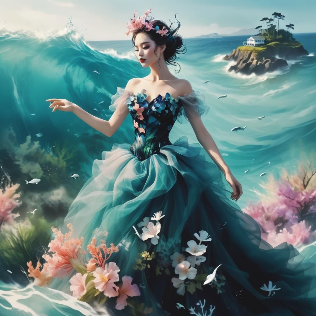 Ocean Island Goddess in Surreal Ink Art