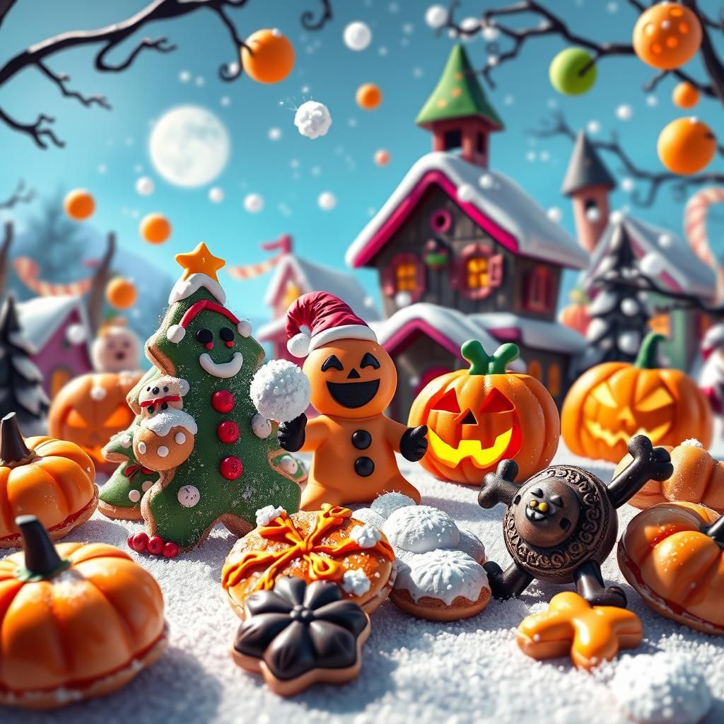 Halloween Cookies Snowball Fight in Candyland: Digital Illus...