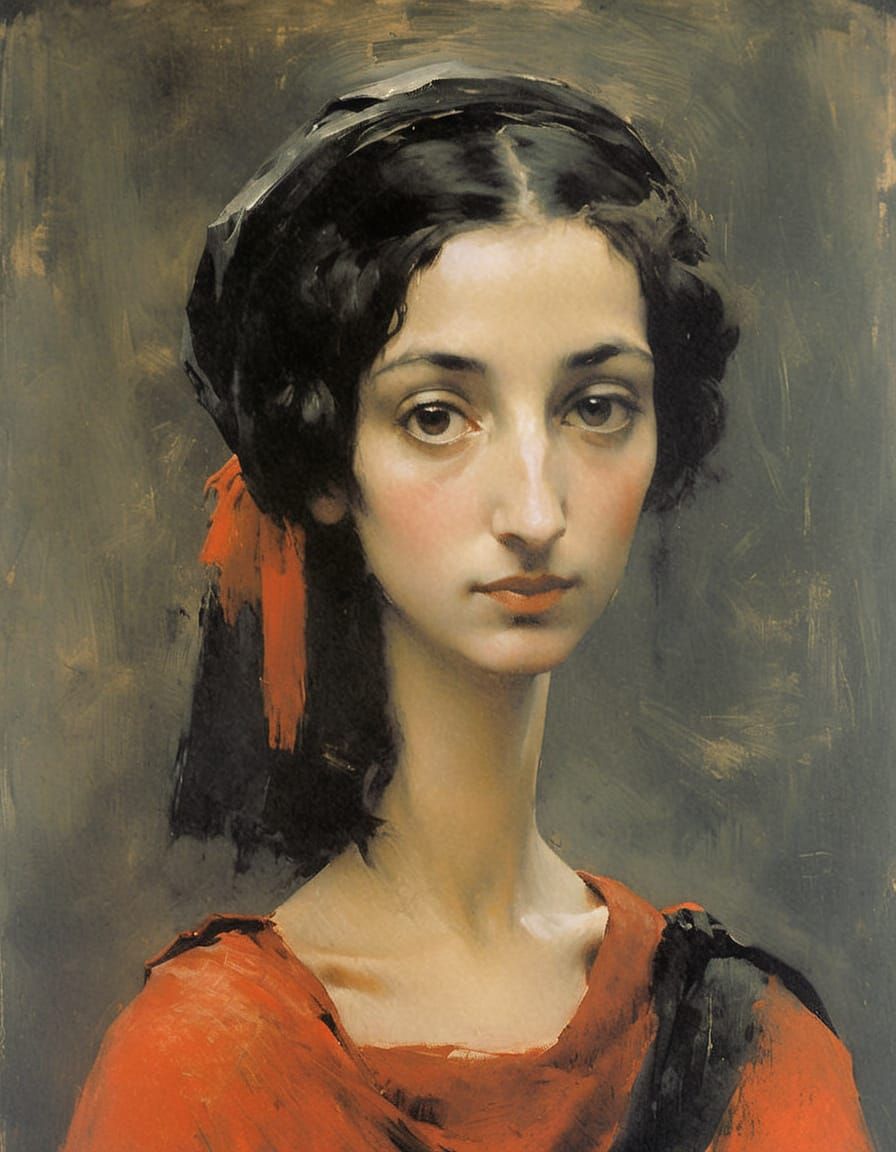 Elegant Goth Girl Portrait in Impasto Style