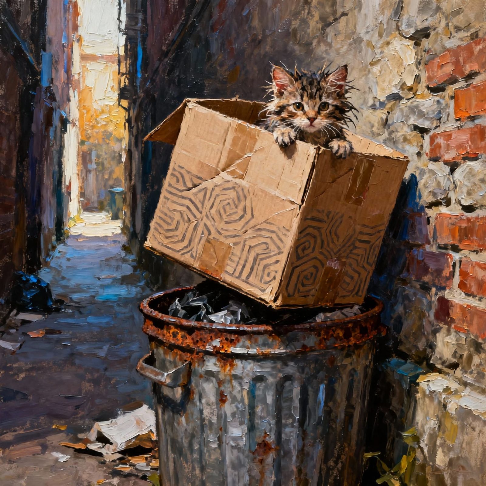 Disheveled Kitten Peeks from Detailed Box on Trashcan