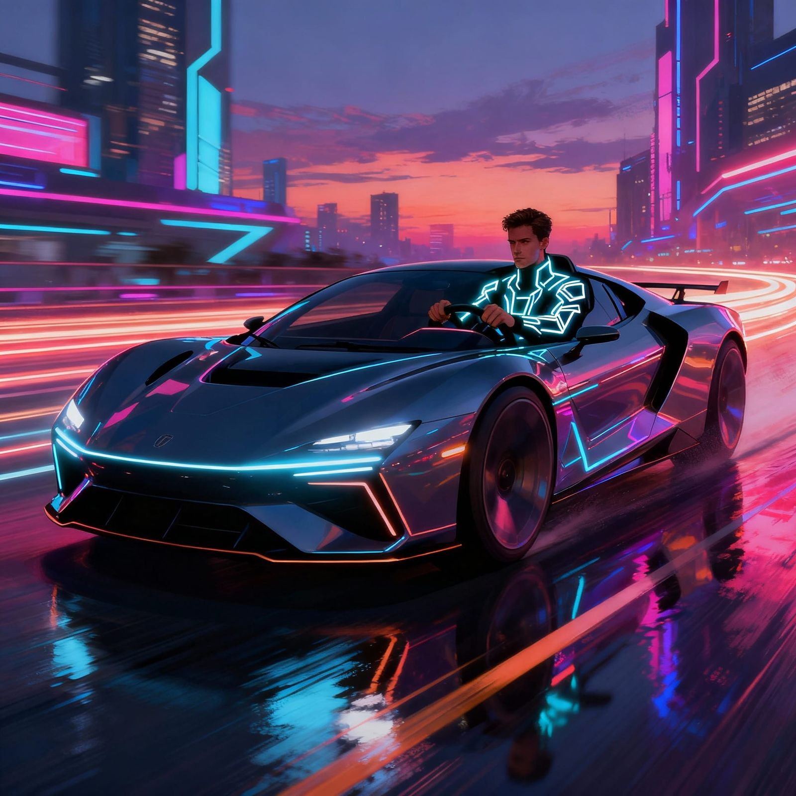 Futuristic Man Drives 2025 Sports Car in Neon City