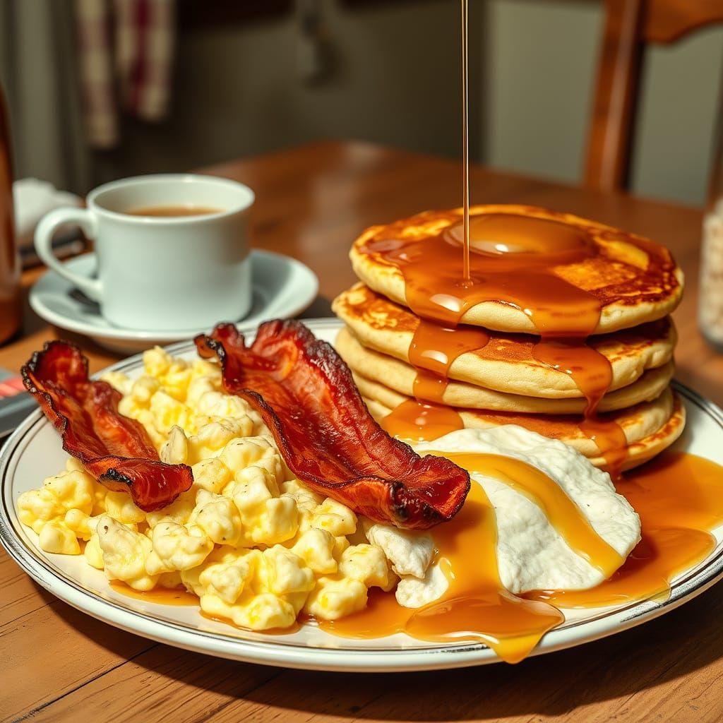 Warm Breakfast Scene with Golden Syrup and Nostalgic Realism