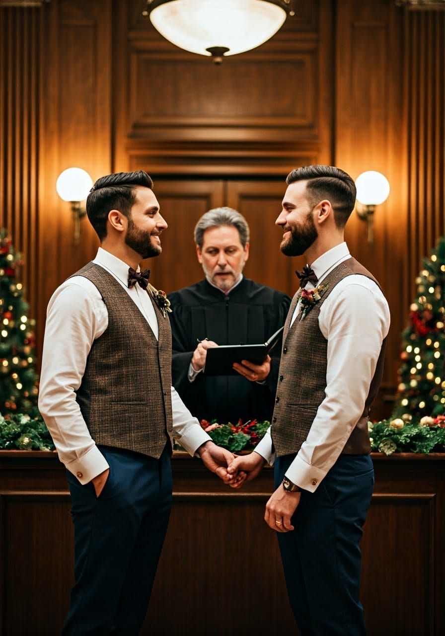 Dashing Grooms Celebrate Christmas Courthouse Wedding in Ele...