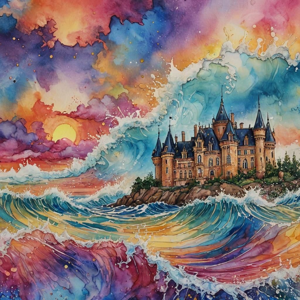 Fantastical Chateau Sunset: Alcohol Ink Splash Art
