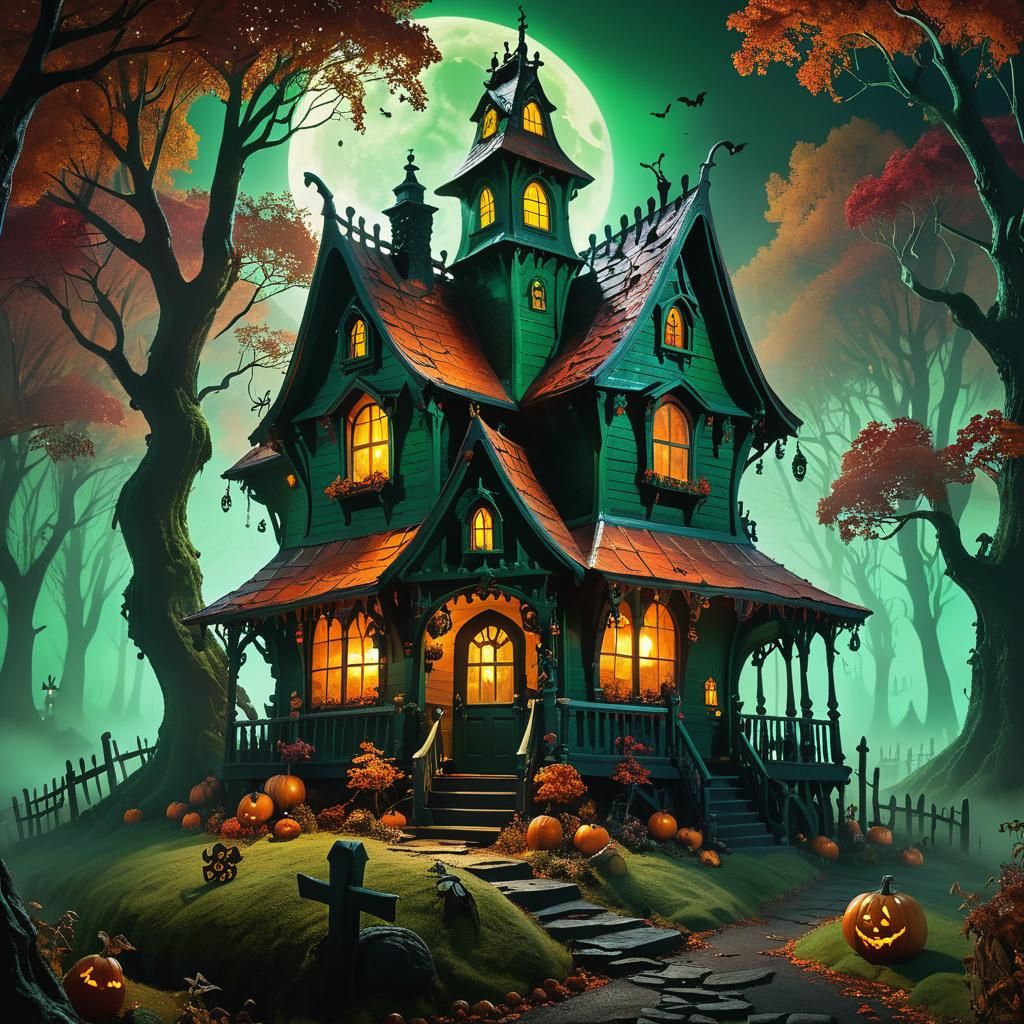 Eerie Skeletal Candy Cottage in Haunted Autumn Landscape