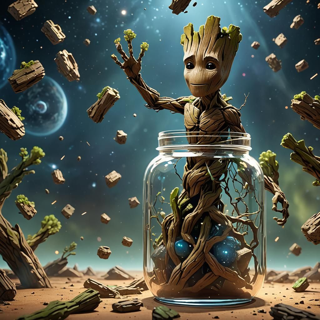 Groot in a Jar Floating in Space