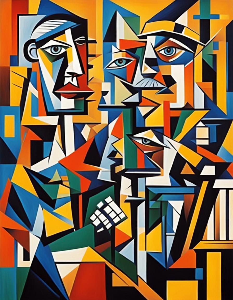 Cubist Painting of Athletes Reunion in Stadium