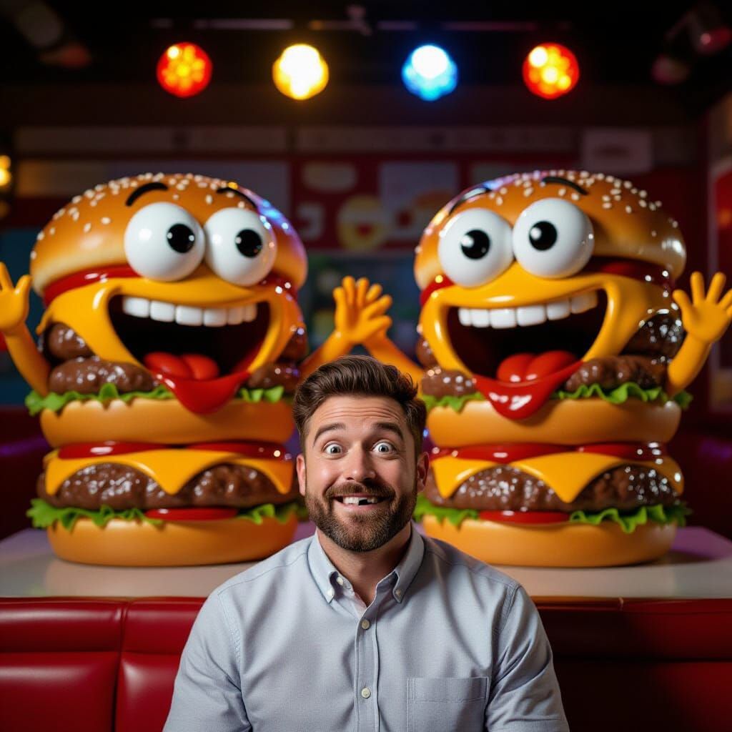 Man with Googly Eyes and Sentient Cheeseburgers