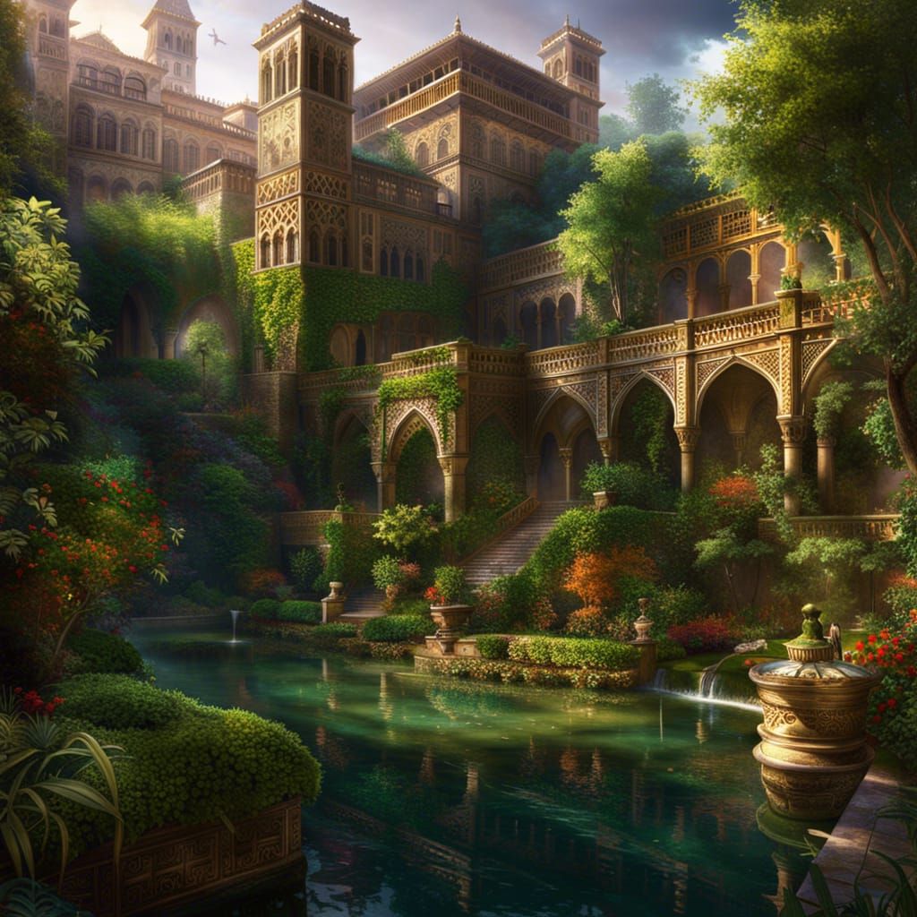 Alhambra gardens at sunrise