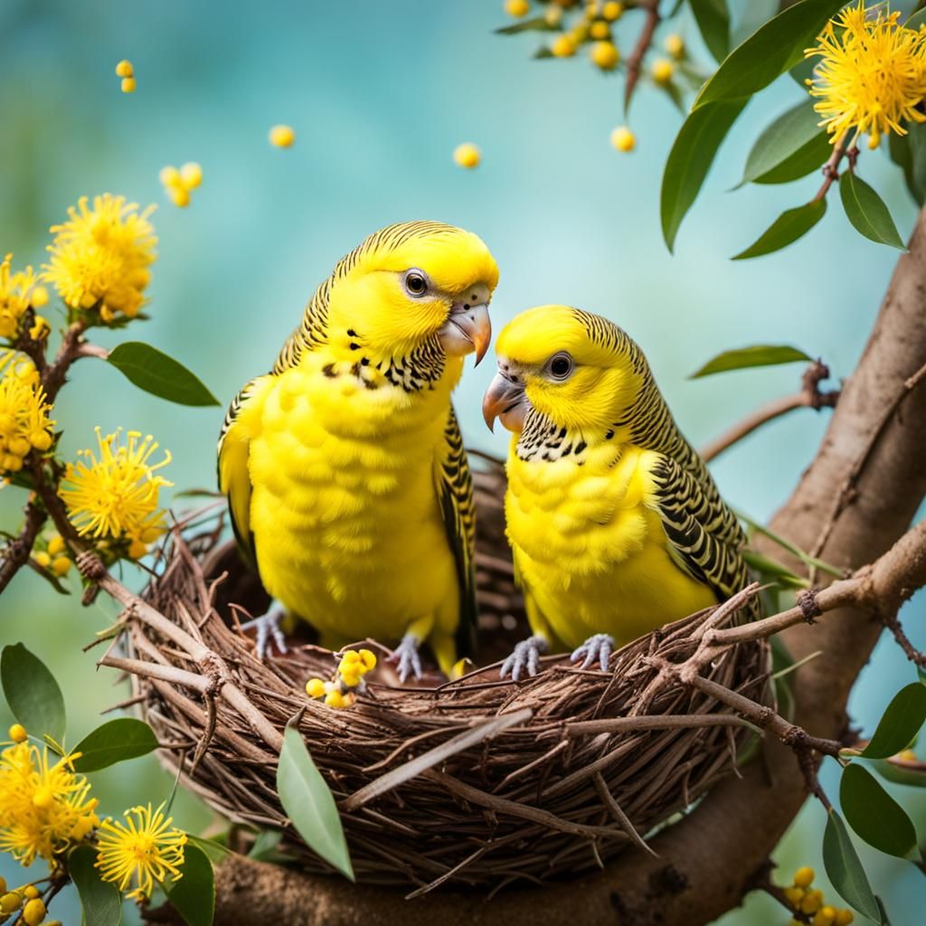 Yellow Budgerigar Feeding Chicks in Wattle Tree