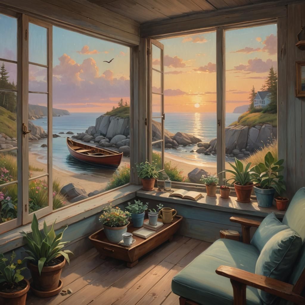 Boho Coastal Cottage View with Sunrise, Oil Painting
