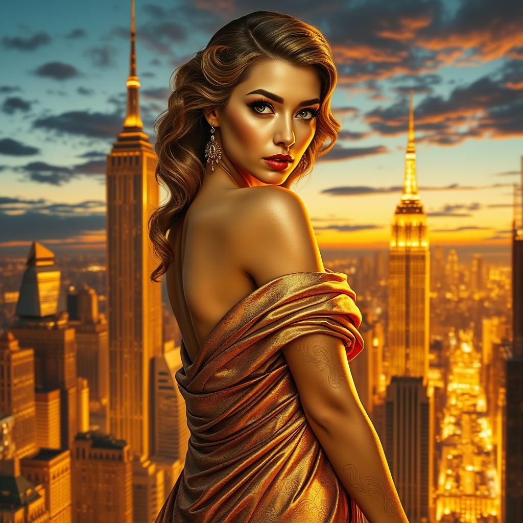 Gilded Art Deco Goddess in Golden Cityscape