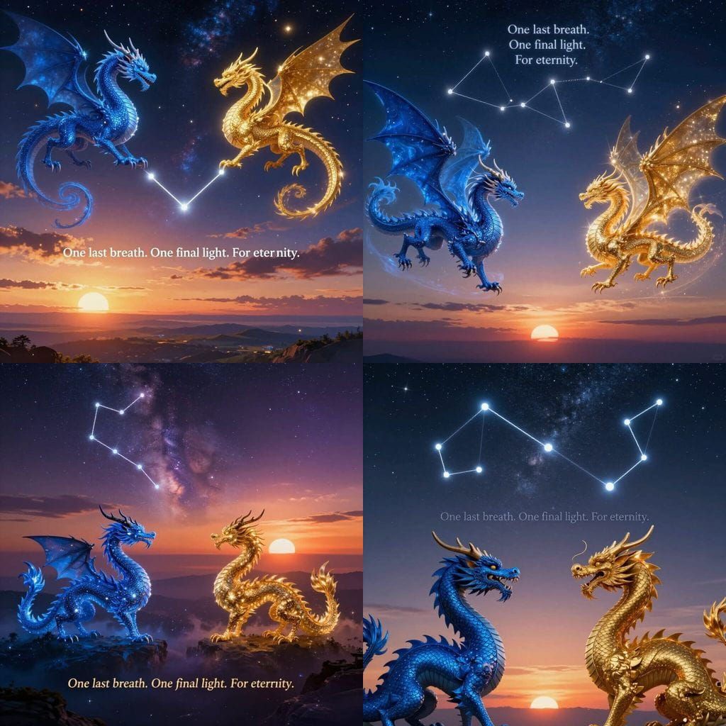 Blue and Gold Dragons in Star Constellations at Sunset