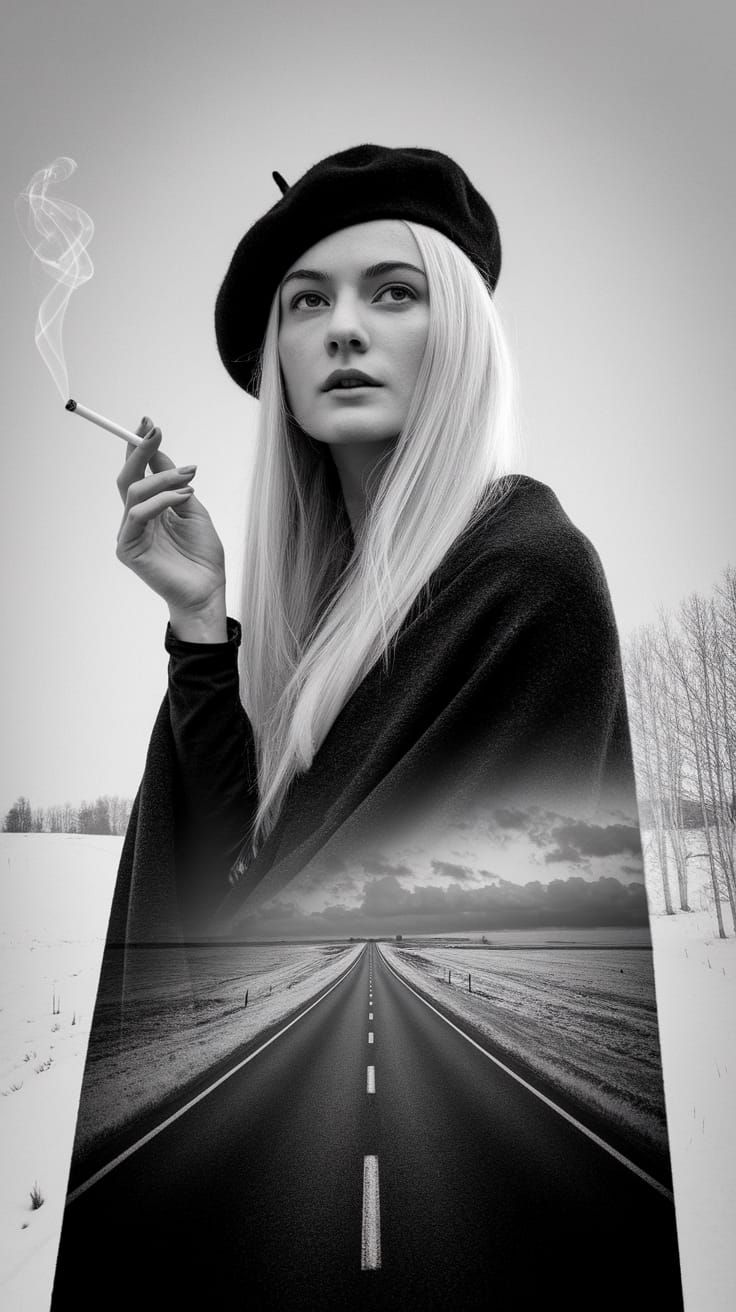 Contemplative Woman with Surreal Landscape Portrait