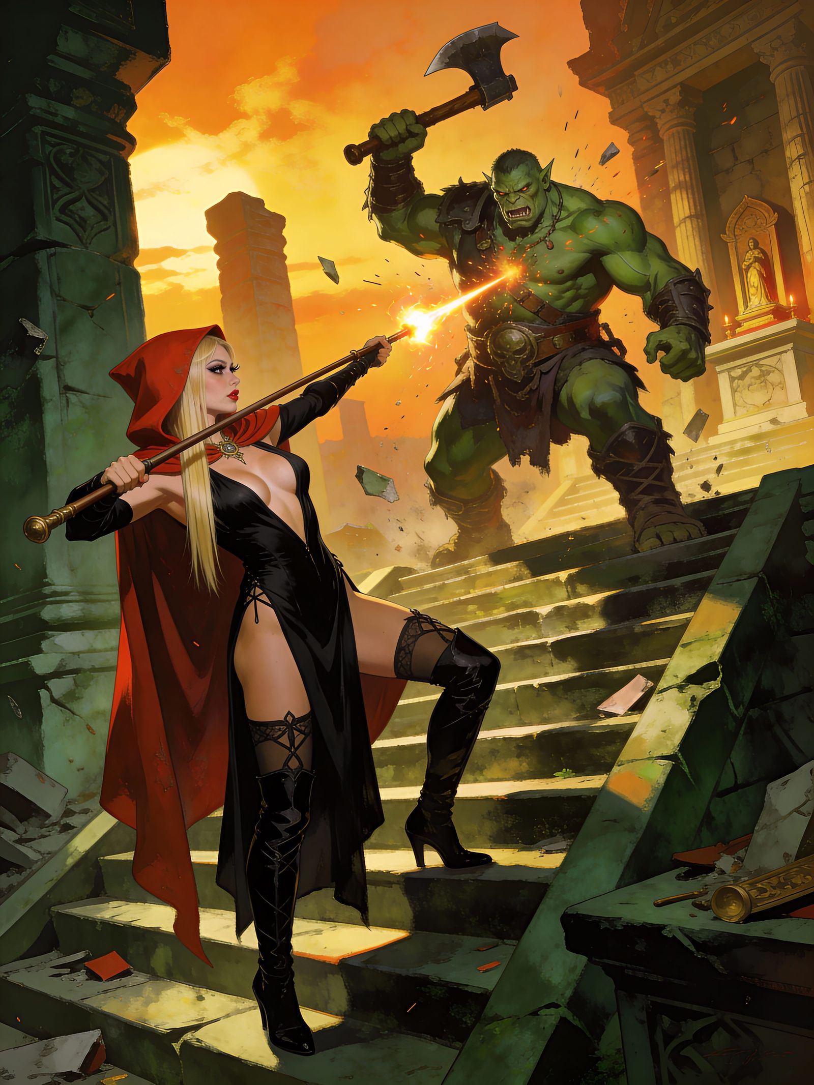 Witch Battles Orc Warrior in Temple Ruins