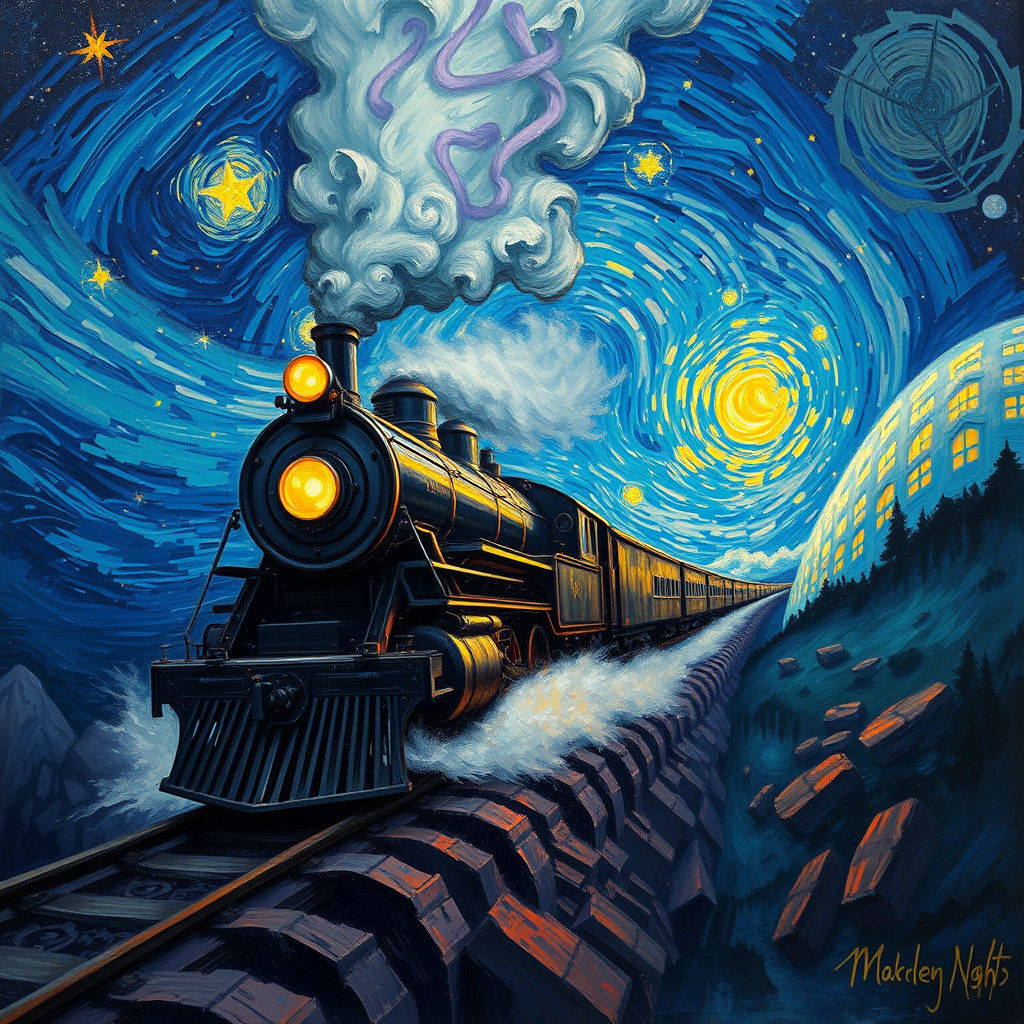 Mystical Steam Train Soaring in Starry Night Sky