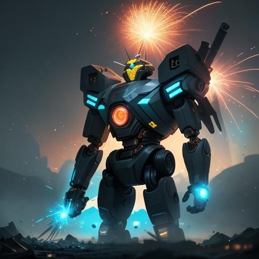 Cute Android Robot Wields Electric Hammer in Sci-Fi Style