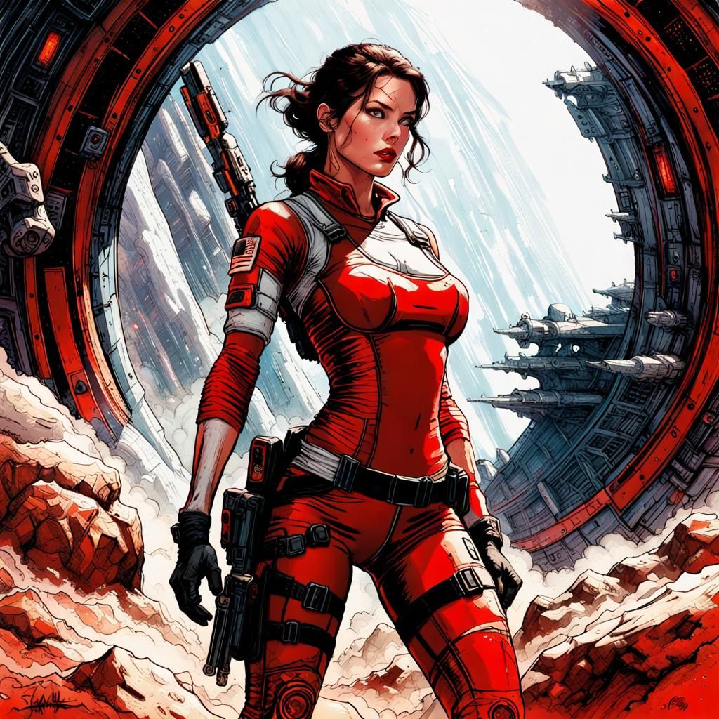 Lara Croft in red on lost planet
